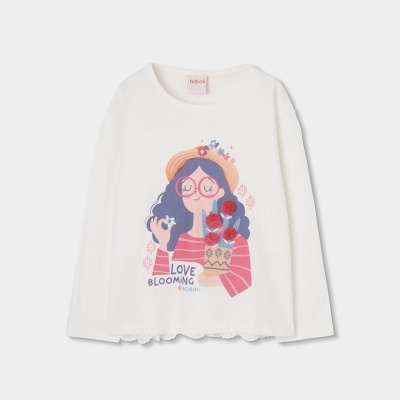 Camisola infantil branca com estampa colorida e detalhes em relevo