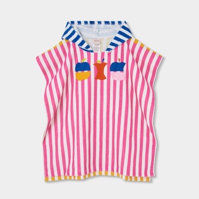 Poncho de praia infantil rosa com riscas e estampas de maçãs