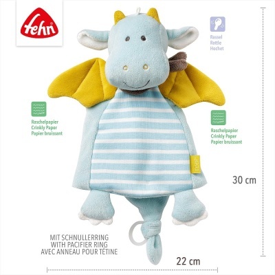 Boneco de peluche azul com asas amarelas e padrão de riscas azuis e brancas