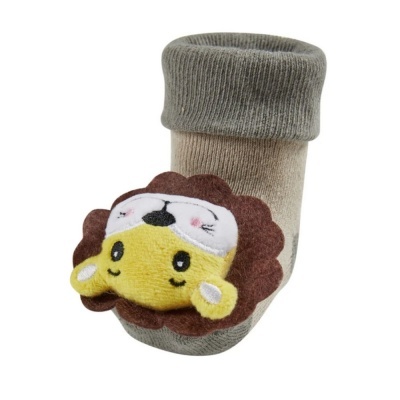 Meia infantil cinza e bege com bordado de leão colorido