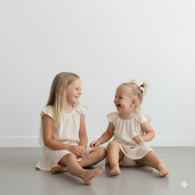 Duas crianças sorrindo vestindo vestidos creme simples sentadas no chão