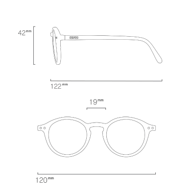 Esquema técnico de óculos redondos com medidas anotadas e texto IZIPIZI na haste