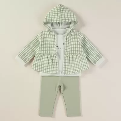 Conjunto infantil com casaco xadrez verde claro e branco, camisola branca e calças verdes