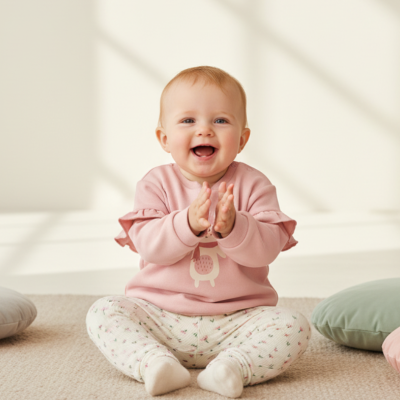 Bebé sorridente sentado no chão com roupa rosa e calças florais, rodeado por almofadas