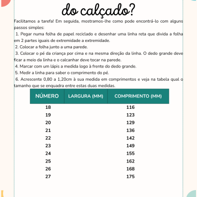 Instruções para escolher tamanho de calçado Victoria com tabela de medidas.