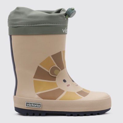 Bota de borracha bege com estampa de leão e cano verde ajustável