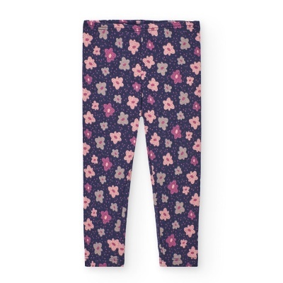 Leggings criança azul escuro com flores rosas, lilases e cinzentas
