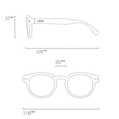 Desenho técnico de óculos com medidas e texto IZIPIZI na haste
