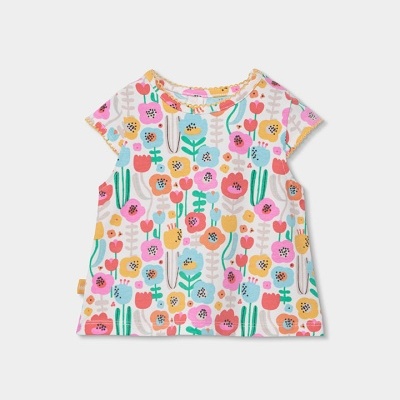 Top infantil com padrão floral colorido e bordas amarelas