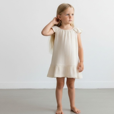 Menina com vestido creme claro texturizado junto a uma parede branca.