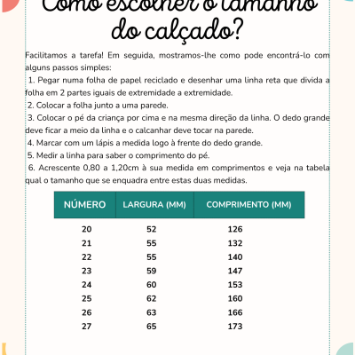 Guia Maris para escolher o tamanho do calçado com tabela de medidas em milímetros.