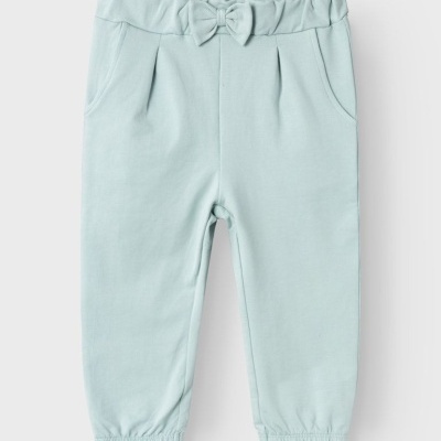 Calças de criança azul com laço e bolsos