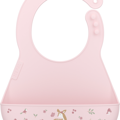 Babete em silicone rosa com cesto e ilustrações de veado e flores.
