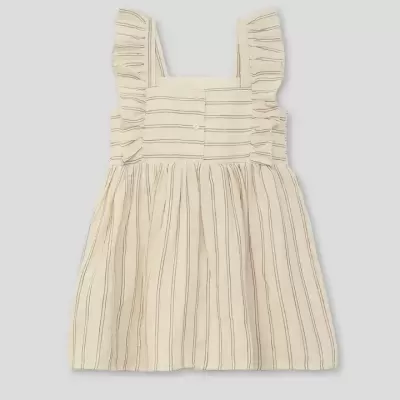 Vestido creme com riscas finas pretas e alças com folhos