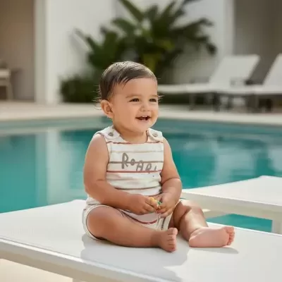 Bebé em camisola de alças riscada a sorrir sentado perto de piscina.