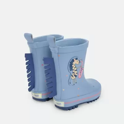 Botas de chuva infantis azuis com estampa de zebra e sola azul escura