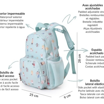 Mochila azul claro infantil com estampado e vários bolsos
