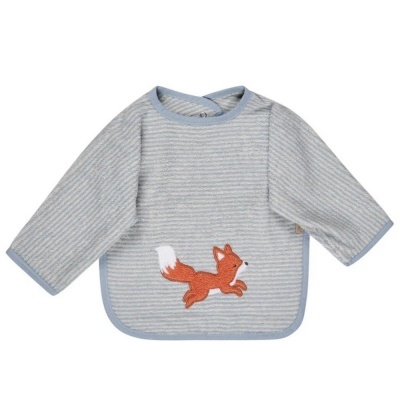 Babete de mangas compridas riscada cinzenta com bordado de raposa laranja