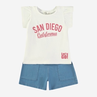 Conjunto criança t-shirt branca com folhos e calções azuis