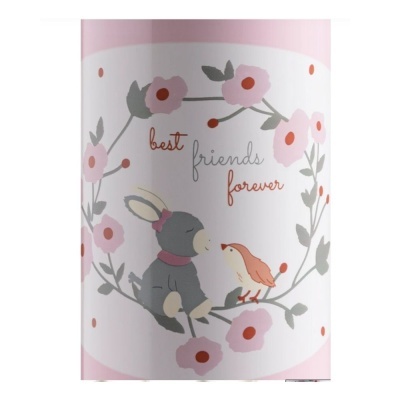 Caneca rosa e branca com desenho de coelho e pássaro e texto best friends forever