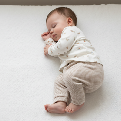 Bebé a dormir com roupa creme e bege com padrões