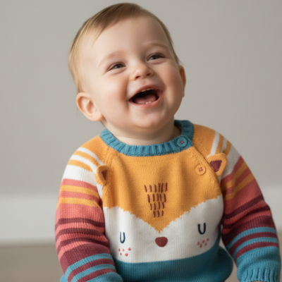 Camisola de bebé com padrão de raposa colorida em malha.