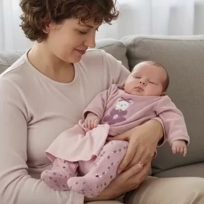 Bebé adormecido com roupa rosa ao colo de uma mulher sentada num sofá cinzento