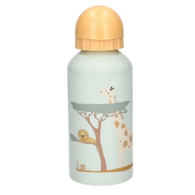Garrafa metálica para crianças com ilustração de girafa e leão