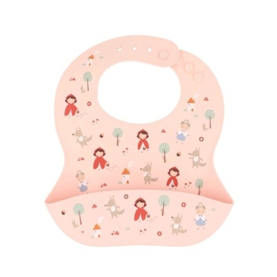 Babete de silicone rosa com desenhos de menina capuz vermelho e lobo