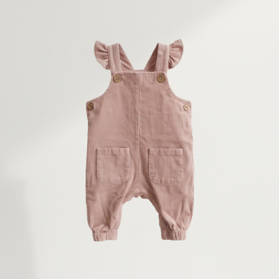 Jardineira para bebé rosa em bombazine com botões de madeira e bolsos