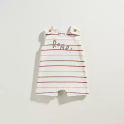 Macacão de bebé às riscas com botões de madeira e texto ROAR