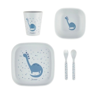 Conjunto de alimentação para bebé branco com dinossauro azul.