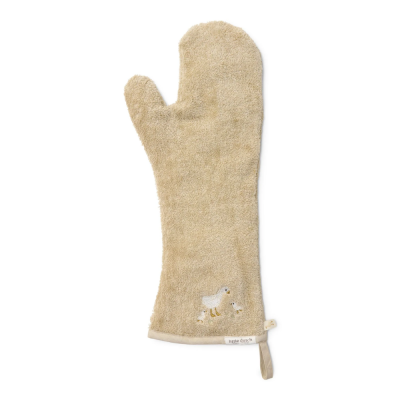 Luva de forno bege felpuda com bordado de pato e patinhos