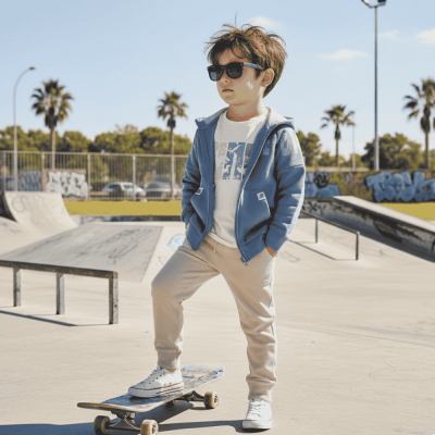 Criança de óculos de sol e roupa casual numa pista de skate exterior