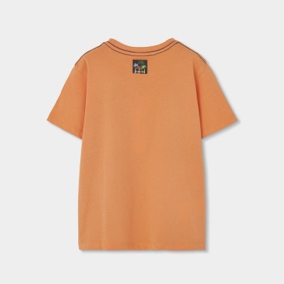 T-shirt laranja clara com etiqueta boboli e palmeiras nas costas