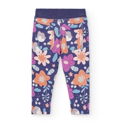 Leggings de criança azul escuro com padrão floral colorido e cós elástico