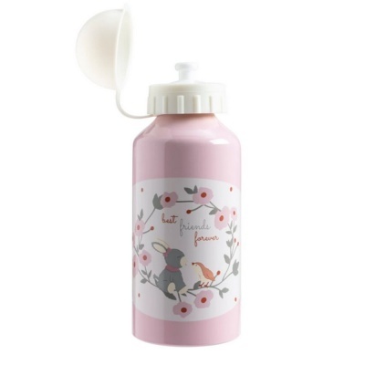 Garrafa rosa com desenho de coelho e pássaro e texto best friends forever