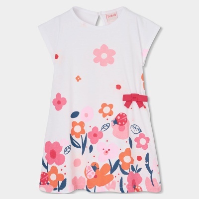 Vestido infantil branco com estampado floral colorido e laço vermelho