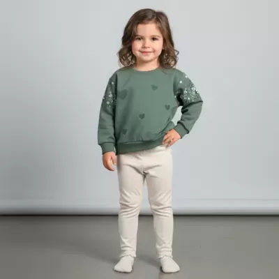 Menina com sweatshirt verde com corações e calças justas bege em fundo cinzento.