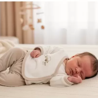 Bebé a dormir con pijama blanco y beige con diseño de coche y texto BEEP BEEP