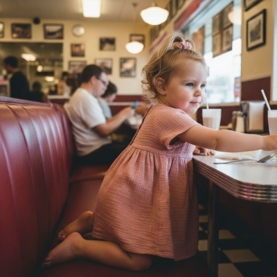 Menina criança de vestido rosa ajoelhada num banco de vinil vermelho num restaurante clássico