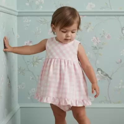Bebé menina com vestido xadrez rosa e branco com folho, junto a parede azul flores