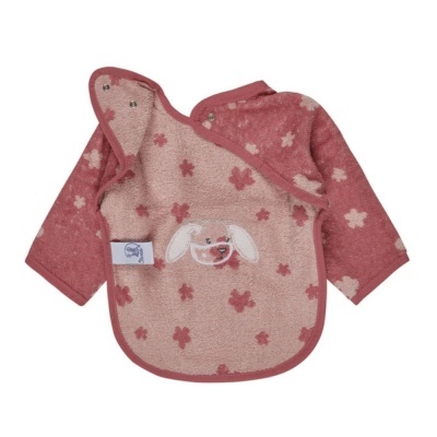 Babete de manga comprida rosa com padrão de flores e bordado de coelho