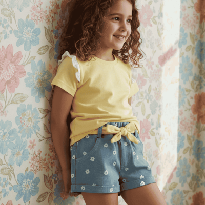 Criança com t-shirt amarela e calções azuis com flores em ambiente com papel de parede floral