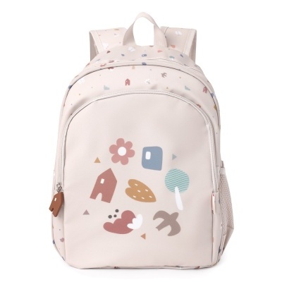 Mochila infantil bege com estampado colorido e alças ajustáveis