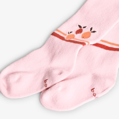 Meias de bebé cor-de-rosa com riscas vermelhas e desenho de animais