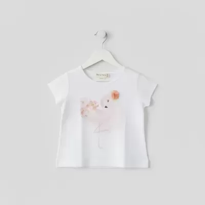 T-shirt branca de bebé com estampa de flamingo e flor de tecido cor de pêssego