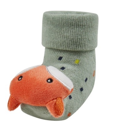 Meia de bebé verde com aplique laranja de animal