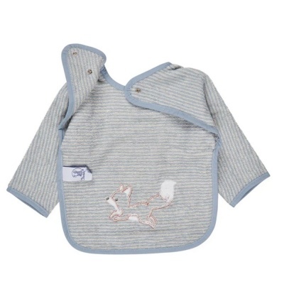 Babete de bebé azul com manga comprida e bordado de raposa