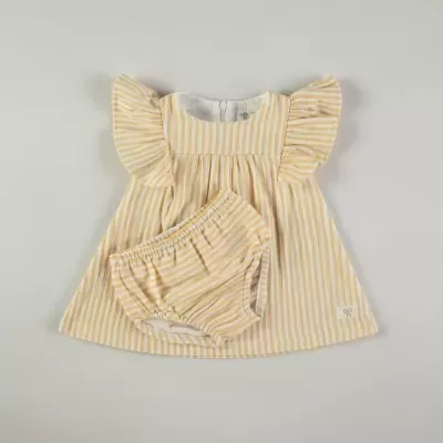 Conjunto de bebé vestido e calções às riscas amarelas e brancas
